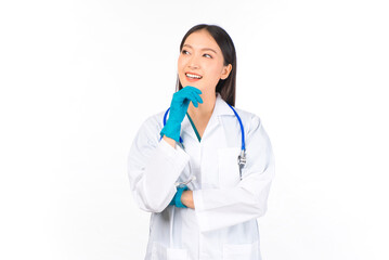 portrait asian female doctor with stethoscope in uniform. wearing surgical gloves, thinking in uniform ,doctor ready for surgery.