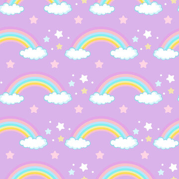 Seamless Pattern Cute Rainbow On Purple Vector Illustration