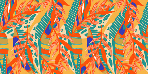 Aesthetic boho jungle seamless pattern for print design. Boho botanical tropic floral background. Modern exotic floral jungle pattern. Geometric texture. Print design