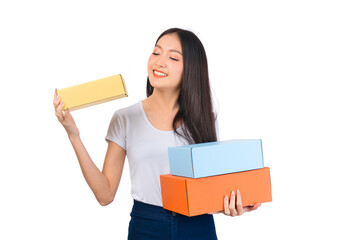 Happy cute asian woman smiling and holding package online marketing and delivery Start a small business at home on white background, Delivery shipping service concept.
