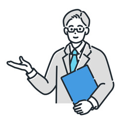 説明を始める眼鏡をかけた男性医師。