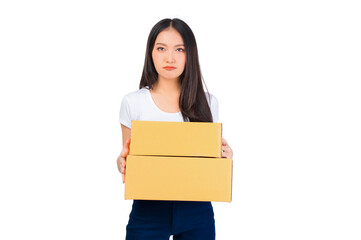 Fototapeta na wymiar Happy cute asian woman smiling and holding package online marketing and delivery Start a small business at home on white background, Delivery shipping service concept.
