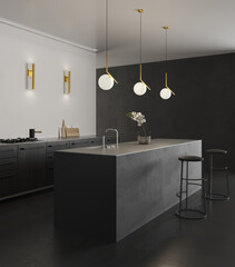 3d illustration
Work area in the kitchen. Large island in the central part illuminated by round lamps. Black and white walls