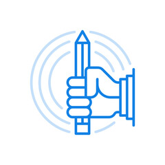 Hand holds pencil vector line icon. Writing graphic notes and sketching.