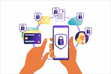 Online mobile payment concept. Mobile phone with credit card icon on the touch screen. Data protection concept. Can use for web banner, infographics. Vector illustration in flat.