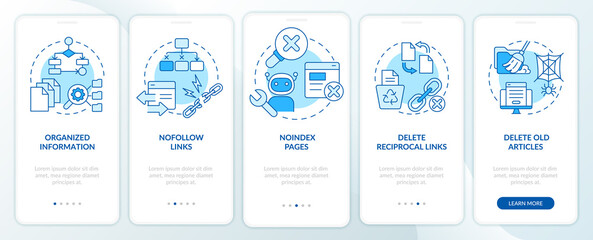 SEO principles blue onboarding mobile app screen. Website promotion. Walkthrough 5 steps editable graphic instructions with linear concepts. UI, UX, GUI template. Myriad Pro-Bold, Regular fonts used