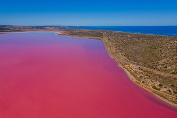 Hutt Lagoon and the Indian Ocean can be seen from an aerial view in Western Australia.