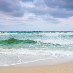 evening tide at the sea. gray clouds in colorful light. greenish waves crashing sandy beach. windy weather