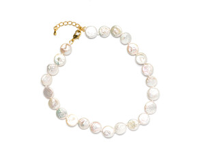 Button Shaped Baroque Pearl, Natural Freshwater Pearl bracelet on white background. Collection of...