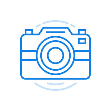 Camera symbol vector line icon. Equipment quality photos with flash and scene capture button.
