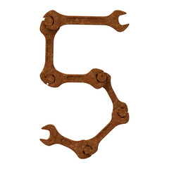 Obraz premium Number 5 made of rusty wrenches and bolts, isolated on white, 3d rendering