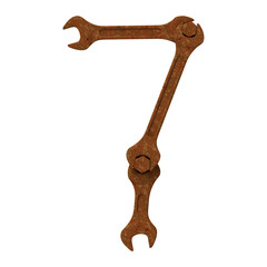 Obraz premium Number 7 made of rusty wrenches and bolts, isolated on white, 3d rendering