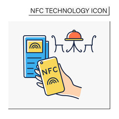 NFC technology color icon. Cashless payment in cafe. Fast paying for dinner. Banking terminal. Contactless payment concept. Isolated vector illustration