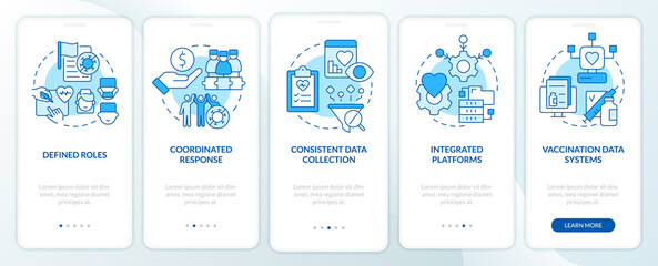 Pandemic outbreaks preparedness blue onboarding mobile app screen. Walkthrough 5 steps editable graphic instructions with linear concepts. UI, UX, GUI template. Myriad Pro-Bold, Regular fonts used