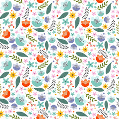 Colorful seamless flower pattern. Plenty of little flowers on the white background. Vector design.