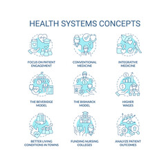 Health systems turquoise concept icons set. Healthcare transform idea thin line color illustrations. Integrative medicine. Isolated symbols. Editable stroke. Roboto-Medium, Myriad Pro-Bold fonts used