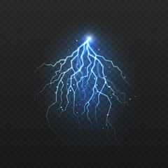 Glowing thunderbolt and lightning power shock magic lines. Powerful electric flash. Colourful oblique branchy lightning line.