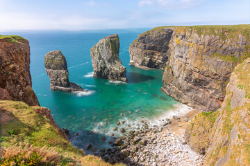 Wide angle view of Stack Rocks - Pembrokeshire, Wales, UK