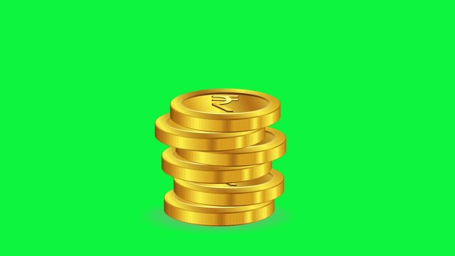Gold Coins Indian Currency Sign - animated cartoon on Green screen 4k  background