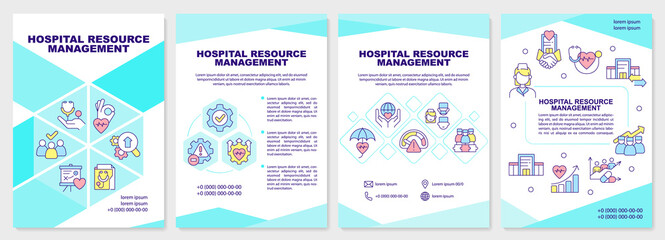 Fototapeta na wymiar Hospital resource management turquoise brochure template. Leaflet design with linear icons. Editable 4 vector layouts for presentation, annual reports. Arial-Black, Myriad Pro-Regular fonts used