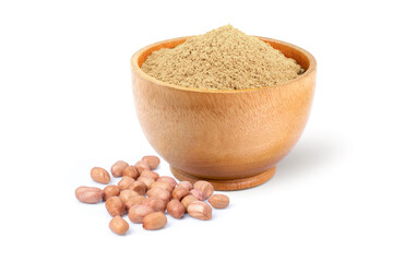Peanut powder in wooden bowl isolted on white background.