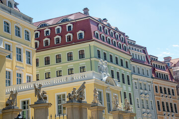View of historical center traditional houses near Church of our Lady at Neumarkt square in downtown of Dresden in summer, Germany, details, closeup.