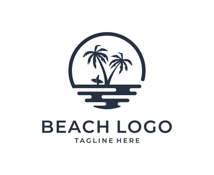 Palm tree summer beach logo design vector template