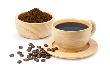 Cup of hot black coffee and roasted coffee beans with coffee powder (ground coffe) in wooden bowl isolated on white background. 