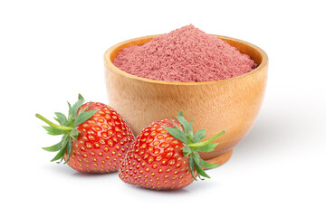 Strawberry protein powder in wooden bowl and fresh strawberries fruit isolated on white background. 