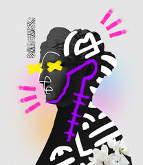 Contemporary art collage with antique black colored statue bust with neon drawings. Surreal style.