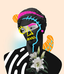 Contemporary art collage with antique black colored statue bust with neon drawings. Surreal style. Woman eyes element