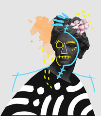 Contemporary art collage with antique black colored statue bust with neon drawings. Surreal style. Colorful splashes