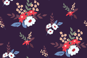 Cute floral pattern with bouquets, large hand drawn flowers, herbs, leaves on a dark background. Seamless pattern, botanical surface design with wild flowers. Vector illustration.
