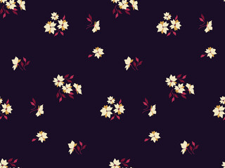 Fototapeta na wymiar Seamless floral pattern, elegant ditsy print with small plants in vintage style. Dark botanical background with small scattered flowers, leaves, tiny bouquets. Vector illustration.
