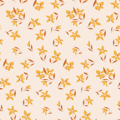 Seamless pattern with autumn botany, yellow flowers, leaves on a light background. Trendy floral print, delicate botanical background with liberty hand drawn plants. Vector illustration.
