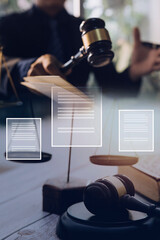 Business and lawyers discussing contract papers with brass scale on desk in office. Law, legal services, advice, justice and law concept picture with film grain effect