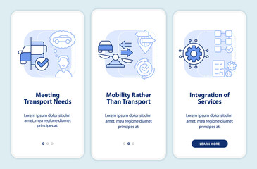 MaaS concept components light blue onboarding mobile app screen. Walkthrough 3 steps editable graphic instructions with linear concepts. UI, UX, GUI template. Myriad Pro-Bold, Regular fonts used