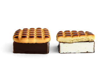 Shortbread cookies with souffle in chocolate glaze Ptichye moloko isolated on white background.