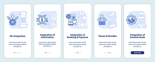 MaaS integration levels light blue onboarding mobile app screen. Walkthrough 5 steps editable graphic instructions with linear concepts. UI, UX, GUI template. Myriad Pro-Bold, Regular fonts used