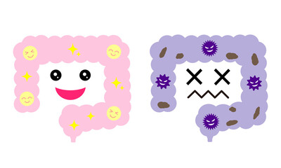 健康な腸と不健康な腸の比較イラスト。