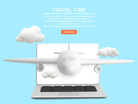 Travel and flight ticket advertising template with airplane. Concept web banner time to travel. Vector illustration
