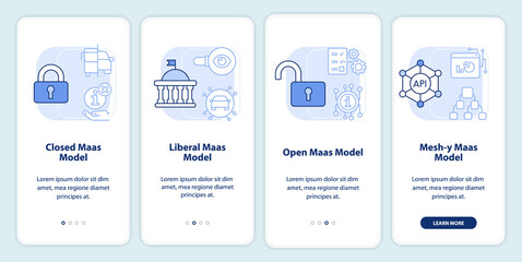 MaaS models light blue onboarding mobile app screen. Digital system walkthrough 4 steps editable graphic instructions with linear concepts. UI, UX, GUI template. Myriad Pro-Bold, Regular fonts used