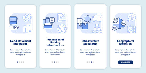 MaaS requirements light blue onboarding mobile app screen. Service walkthrough 4 steps editable graphic instructions with linear concepts. UI, UX, GUI template. Myriad Pro-Bold, Regular fonts used