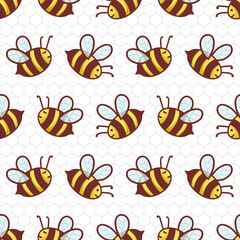 Cute Honey Bees on Honey Comb Background Vector Seamless Pattern