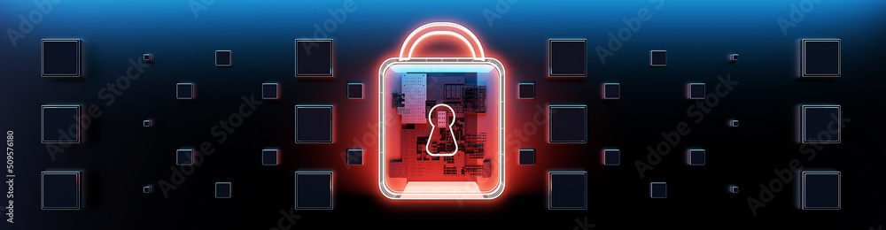 Poster Digital Lock Symbol. This image showcases a glowing digital lock symbol overlaid on a high-tech circuit board, representing cybersecurity and data protection in modern technology.
