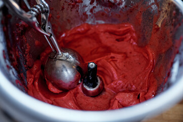 Fototapeta premium preparation of strawberry sorbet in a mixing device