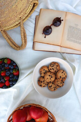 Picninc blanket with straw bag, bowl of strawberries and blueberries, bowl of chocolate chip cookies, books, sunglasses and basket of apples in the garden. Top view.