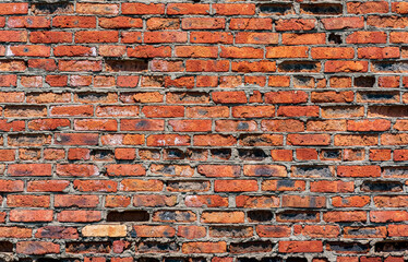 background, texture of a heavily weathered old red brick wall