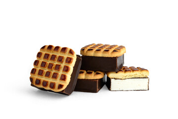 Shortbread cookies with souffle in chocolate glaze Ptichye moloko isolated on white background.