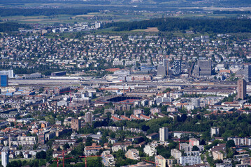 Aerial view of City of Zürich seen from local mountain Uetliberg on a sunny spring day. Photo taken May 18th, 2022, Zurich, Switzerland.